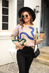 Printed Round Neck Dropped Shoulder Pullover Sweater - Flyclothing LLC