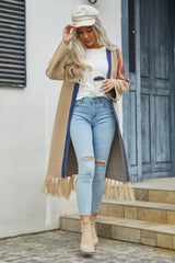 Geometric Fringe Hem Open Front Duster Cardigan - Flyclothing LLC