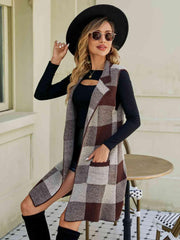 Plaid Lapel Collar Sleeveless Cardigan - Flyclothing LLC