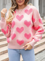 Heart Round Neck Dropped Shoulder Sweater - Flyclothing LLC