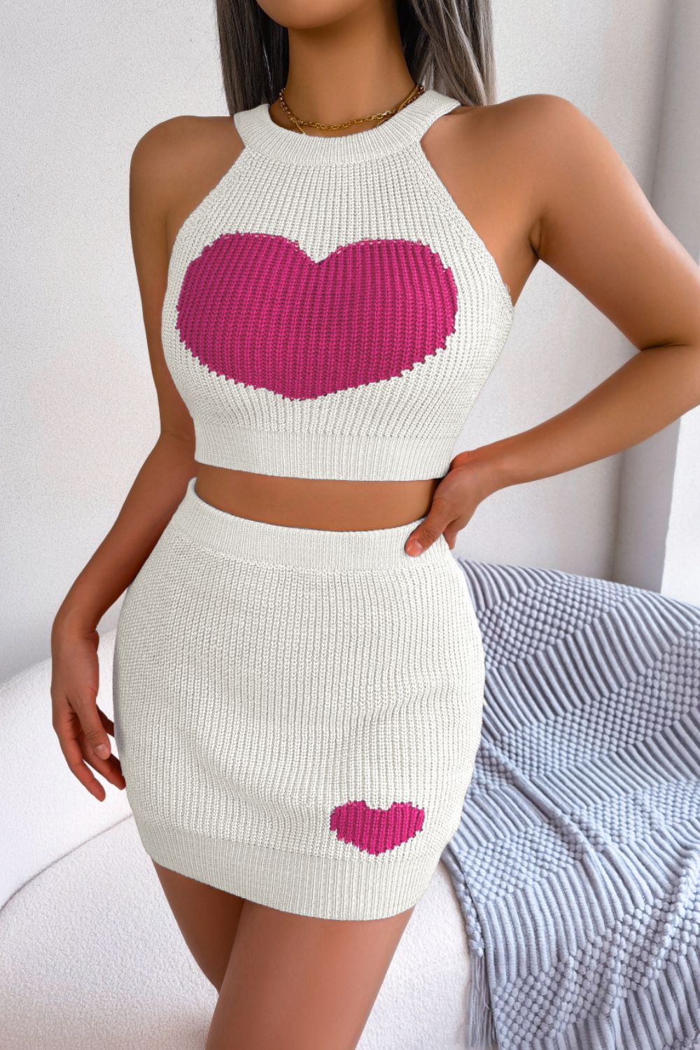 Heart Contrast Ribbed Sleeveless Knit Top and Skirt Set - Flyclothing LLC