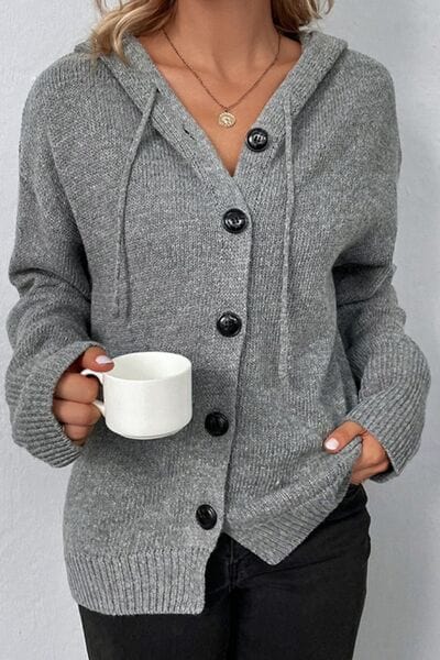 Drawstring Button Up Hooded Cardigan - Trendsi