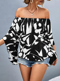 Printed Off-Shoulder Bell Sleeve Blouse - Flyclothing LLC