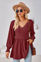 V-Neck Lantern Sleeve Blouse - Flyclothing LLC