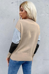 Color Block Ribbed Trim Round Neck Knit Pullover - Trendsi