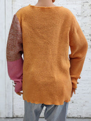 Color Block Decorative Button Long Sleeve Sweater - Flyclothing LLC