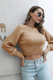 Cropped Round Neck Raglan Sleeve Ribbed Pullover Sweater - Flyclothing LLC