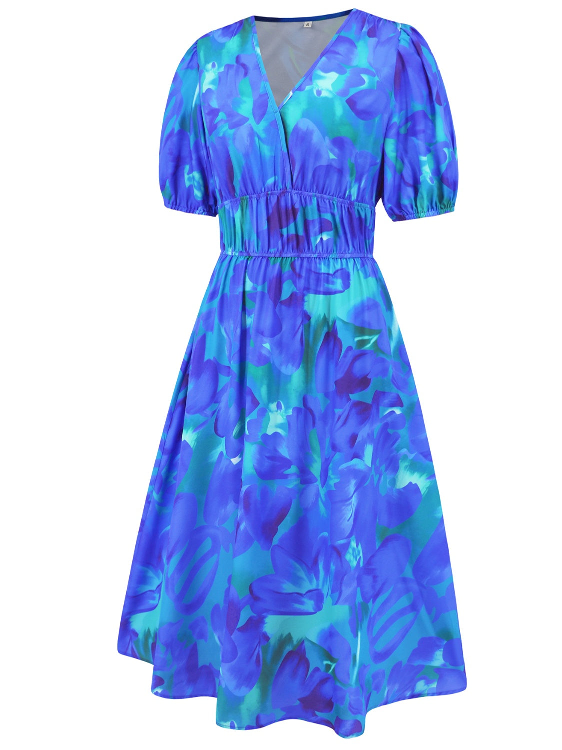 Ruched Printed Surplice Short Sleeve Dress - Flyclothing LLC