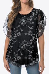 Printed Round Neck Curved Hem Blouse - Flyclothing LLC