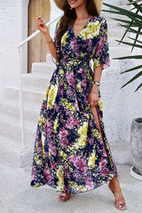 Printed Tied Half Sleeve Slit Dress - Flyclothing LLC