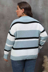 Plus Size Striped V-Neck Dropped Shoulder Sweater - Flyclothing LLC