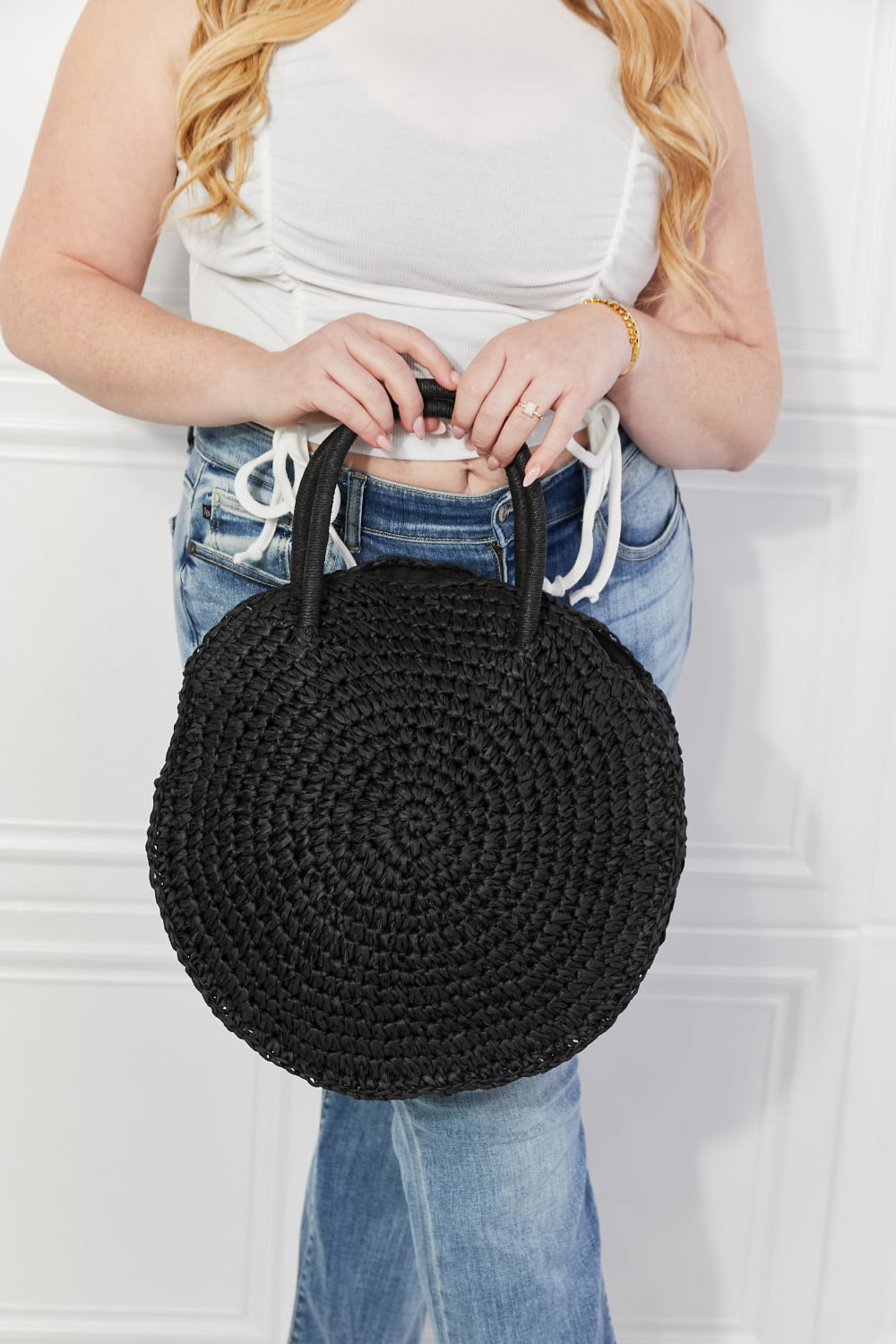 Justin Taylor Beach Date Straw Rattan Handbag in Black - Flyclothing LLC