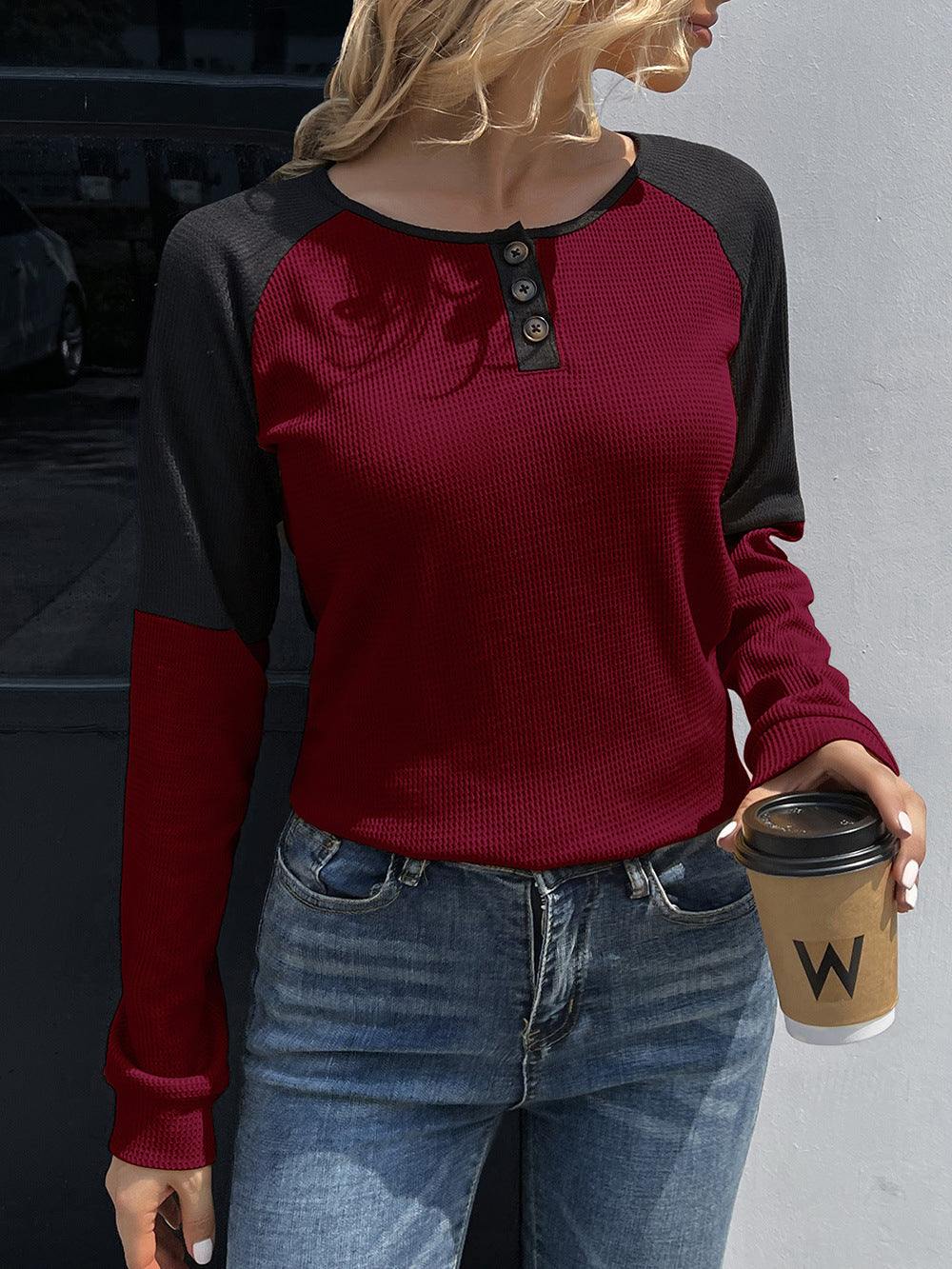 Contrast Buttoned Round Neck Raglan Sleeve Top - Flyclothing LLC