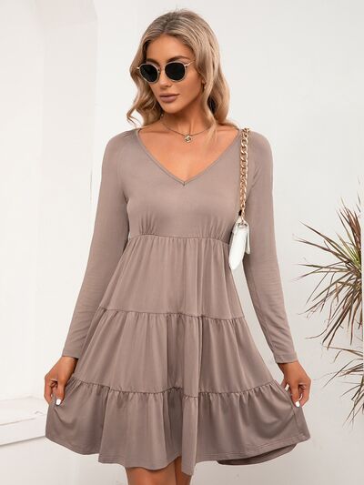 V-Neck Long Sleeve Tiered Dress - Flyclothing LLC