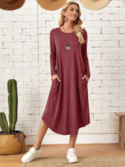 Pocketed Round Neck Long Sleeve Tee Dress - Flyclothing LLC