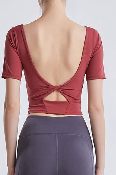 Cutout Backless Round Neck Active T-Shirt - Flyclothing LLC