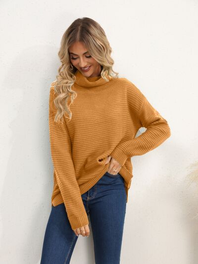 Slit Turtleneck Dropped Shoulder Sweater - Flyclothing LLC