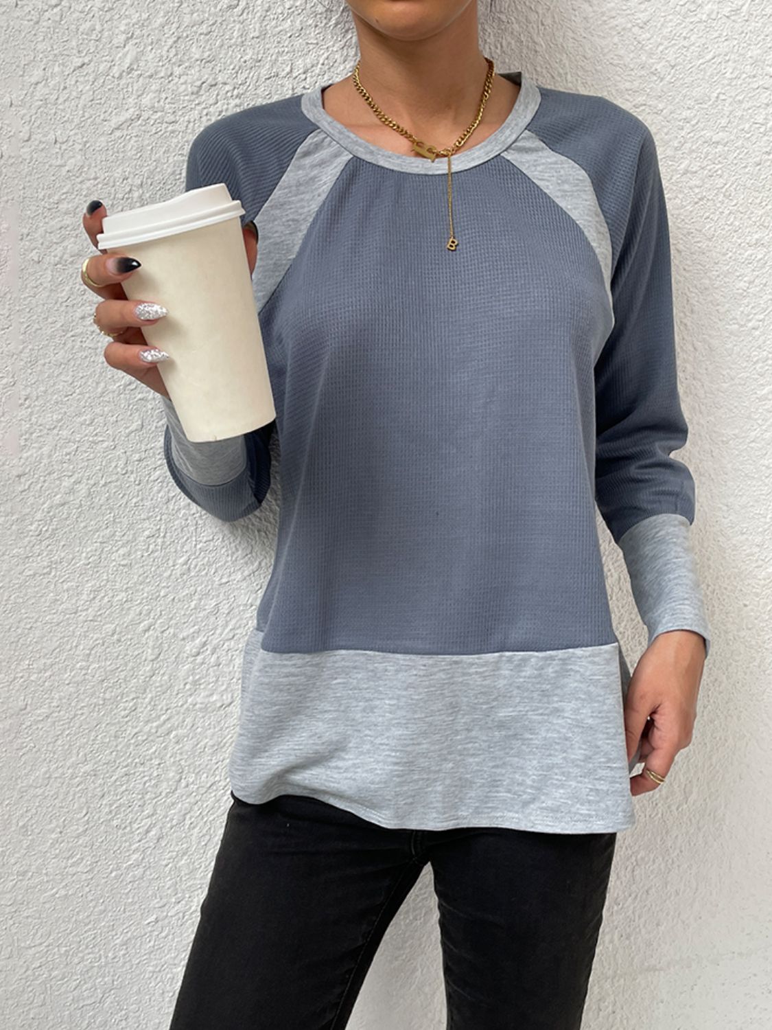 Waffle-knit Round Neck Raglan Sleeve Tee - Flyclothing LLC