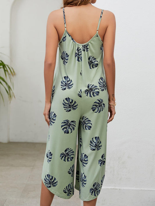 Botanical Print Spaghetti Strap Scoop Neck Jumpsuit - Trendsi