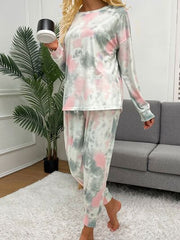 Tie-Dye Round Neck Top and Drawstring Pants Lounge Set - Flyclothing LLC