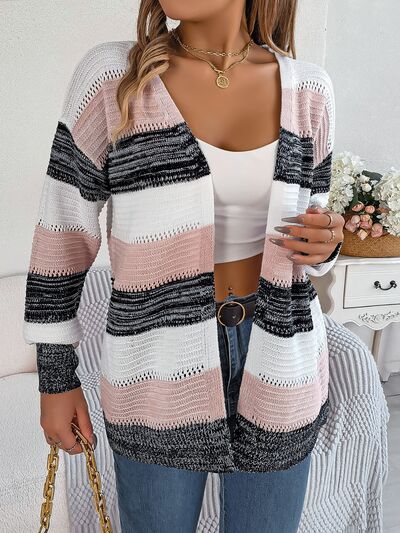 Openwork Striped Open Front Cardigan - Flyclothing LLC