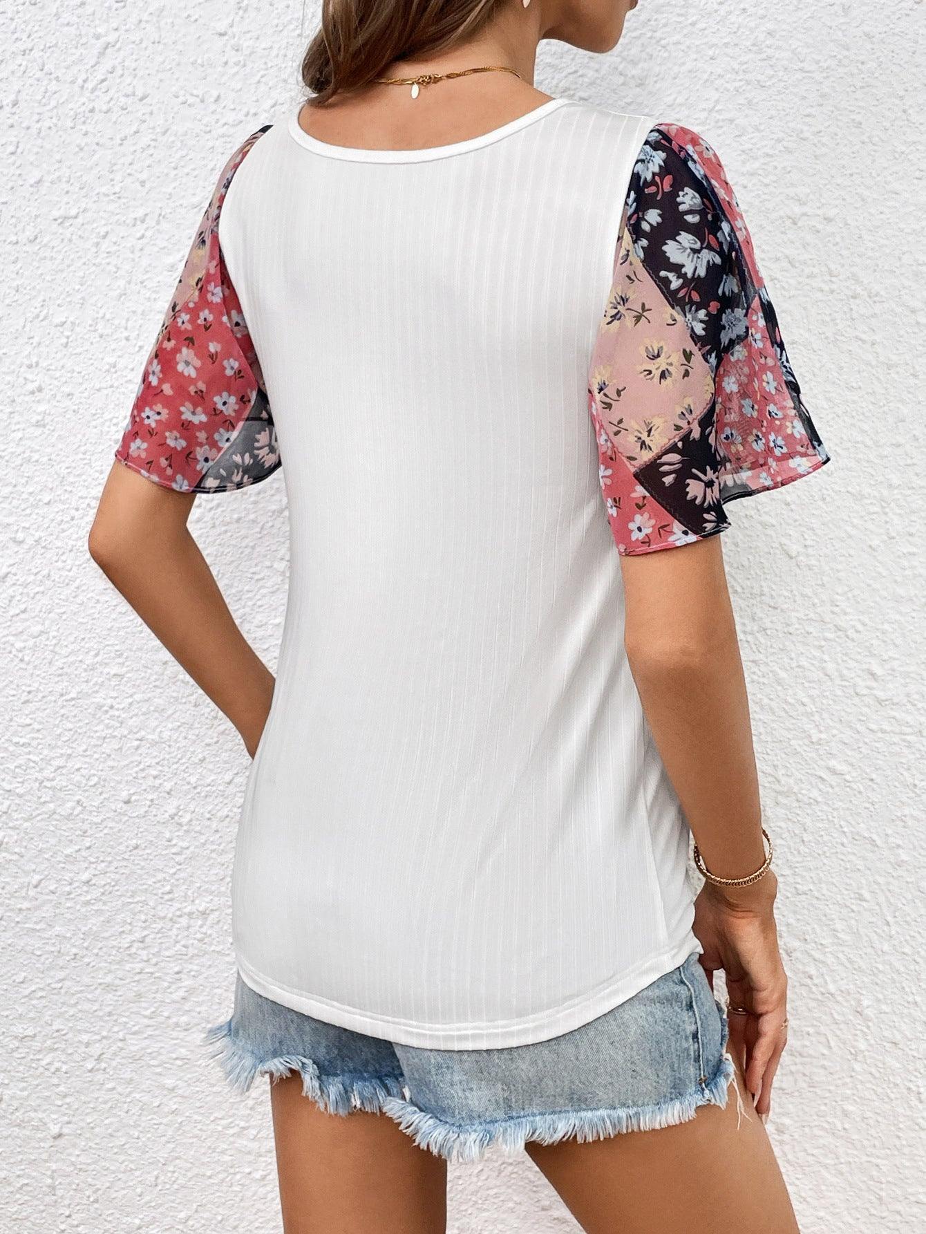 Printed Puff Sleeve Round Neck Tee - Flyclothing LLC