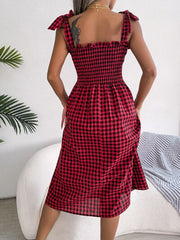 Frill Plaid Square Neck Midi Dress - Flyclothing LLC