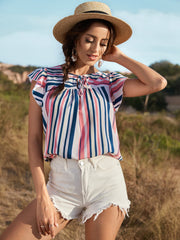 Striped Flutter Sleeve Tied Blouse - Flyclothing LLC