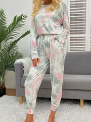 Tie-Dye Round Neck Top and Drawstring Pants Lounge Set - Flyclothing LLC