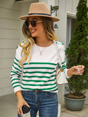 Round Neck Shoulder Button Striped Pullover Sweater - Flyclothing LLC