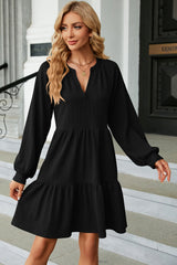 Ruched Notched Long Sleeve Mini Dress - Flyclothing LLC