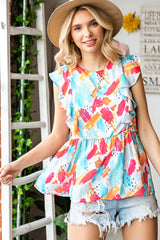 Printed Round Neck Ruffled Peplum Top - Flyclothing LLC