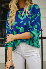 Leopard Round Neck Dropped Shoulder Sweater - Trendsi