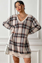 Plaid V-Neck Long Sleeve Sweater Dress - Flyclothing LLC