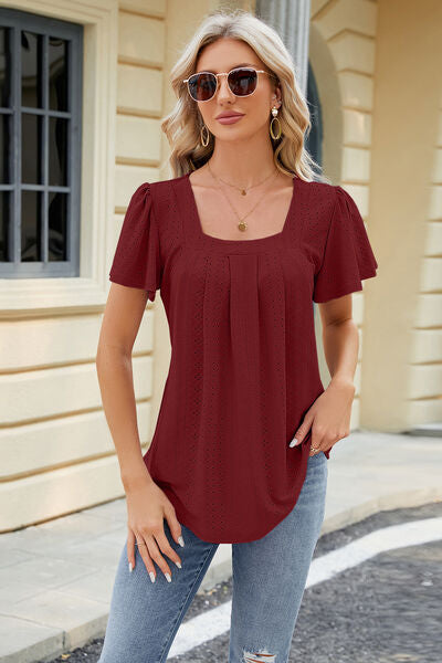 Eyelet Square Neck Short Sleeve T-Shirt - Flyclothing LLC