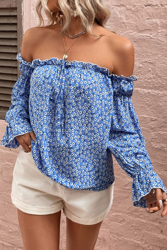 Off Shoulder Printed Frill Trim Blouse - Flyclothing LLC