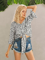 Tied Printed Button Up V-Neck Blouse - Flyclothing LLC