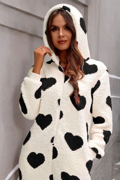 Fuzzy Heart Zip Up Hooded Lounge Jumpsuit - Flyclothing LLC