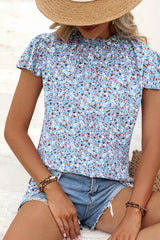 Ditsy Floral Mock Neck Short Sleeve T-Shirt - Flyclothing LLC