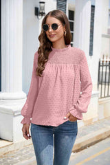 Smocked Mock Neck Swiss Dot Top - Flyclothing LLC