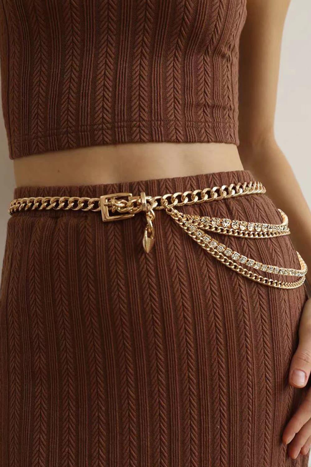 Rhinestone Decor Metal Chain Belt - Flyclothing LLC