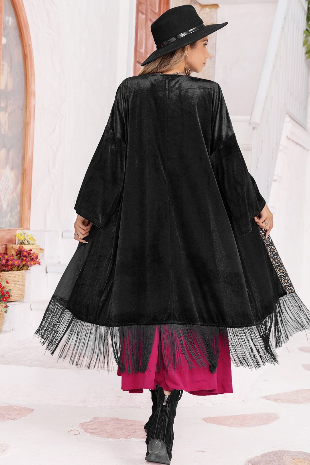 Opne Front Fringe Detail Long Sleeve Cardigan - Flyclothing LLC