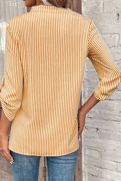 Striped Notched Roll-Tab Sleeve Shirt - Flyclothing LLC