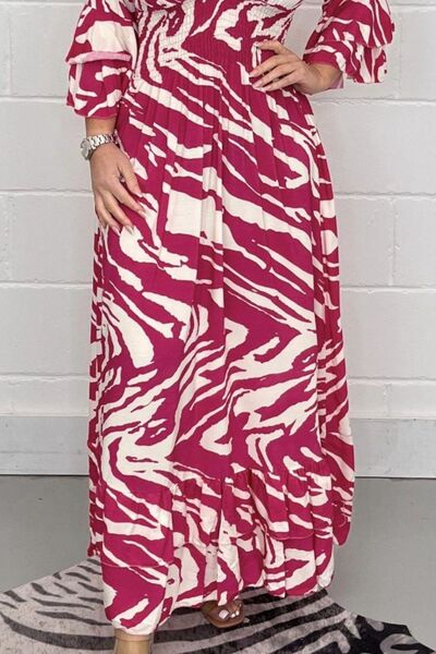 Smocked Printed Flounce Sleeve Maxi Dress - Flyclothing LLC