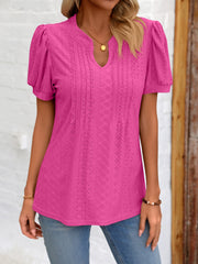 Eyelet Notched Puff Sleeve T-Shirt - Flyclothing LLC