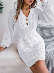 Buttoned Cable-Knit V-Neck Sweater Dress - Flyclothing LLC