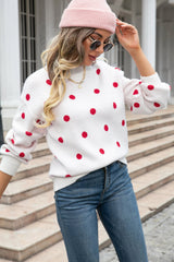 Polka Dot Round Neck Dropped Shoulder Sweater - Flyclothing LLC