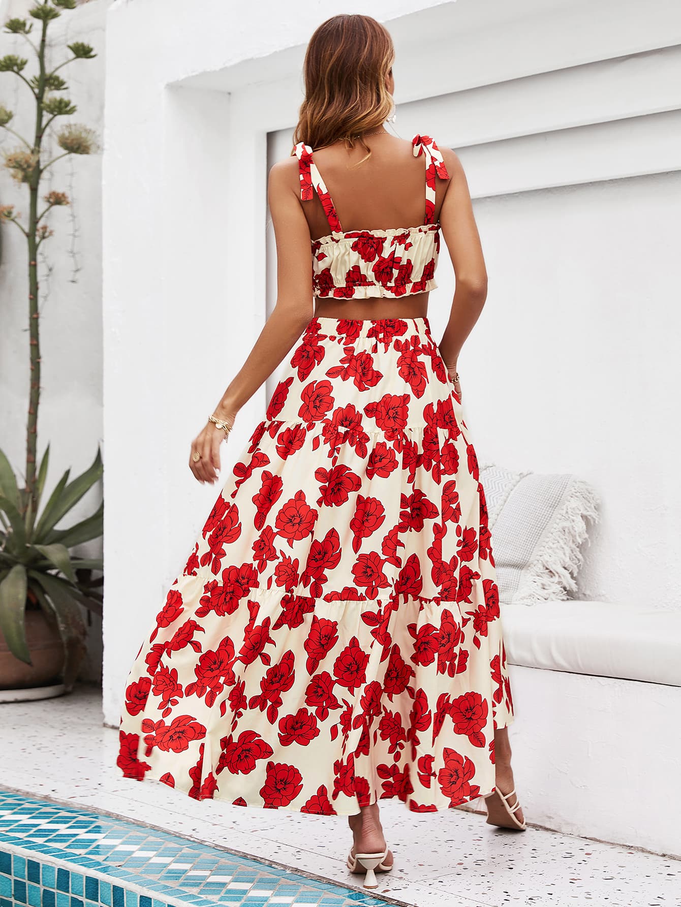 Floral Tie Shoulder Top and Tiered Maxi Skirt Set - Flyclothing LLC