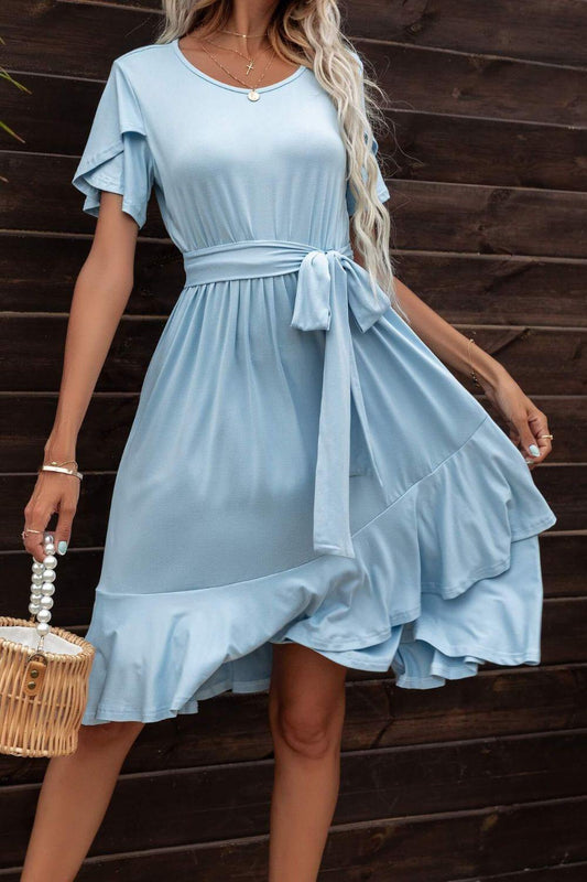 Tie Waist Petal Sleeve Ruffle Hem Dress - Trendsi