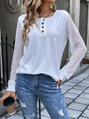 Quarter Button Round Neck Long Sleeve Blouse - Flyclothing LLC